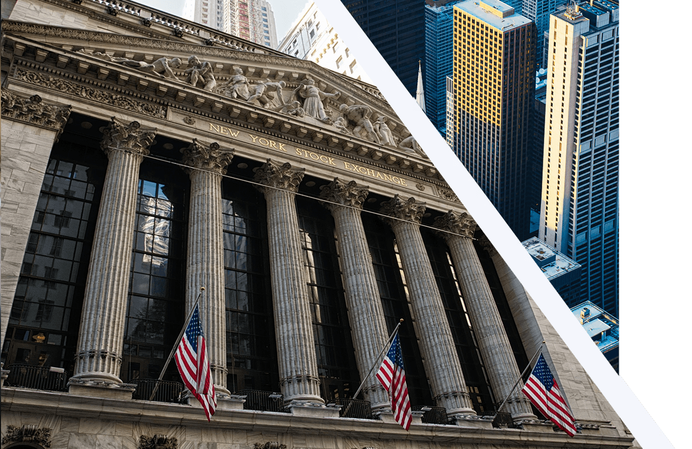 New York Stock Exchange building and Manhattan skyscrapers.